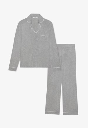Gray cotton pajama set with a button-up long-sleeve shirt featuring a chest pocket, white piping, and matching drawstring pants.