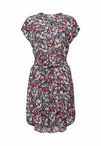 Robe fleurie avec des fleurs rouges, bleues et beiges sur fond foncé, manches courtes, taille ceinturée et ourlet arrondi.