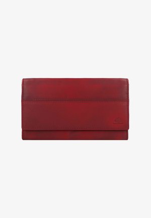 Portefeuille en cuir rouge avec une texture lisse, de forme rectangulaire et un rabat. Présente un logo en relief discret dans le coin inférieur.