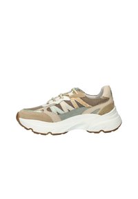 Sneaker aus Mesh und Wildleder in Beige, Grün und Orange. Dicke weiße Sohle mit strukturierten Akzenten und Schnürsenkeln. Gepolstertes Design.