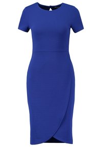 Robe bleue courte à manches courtes, ajustée, longueur genou, avec un col rond et un ourlet croisé de style tulipe.