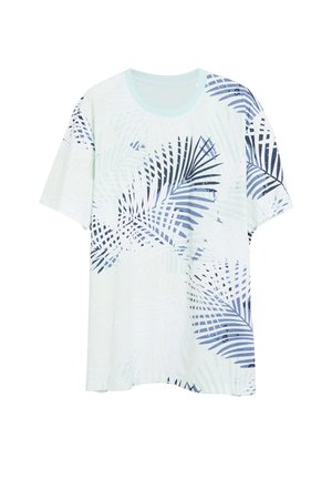 Hellblaues T-Shirt mit kurzen Ärmeln und dunkelblauem sowie weißem Palmenblattmuster auf Vorderseite und Ärmeln.