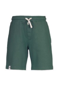Gröna bomullsshorts med elastisk midja, snörning och sidofickor. Slät textur, enkel design och sydd fåll.