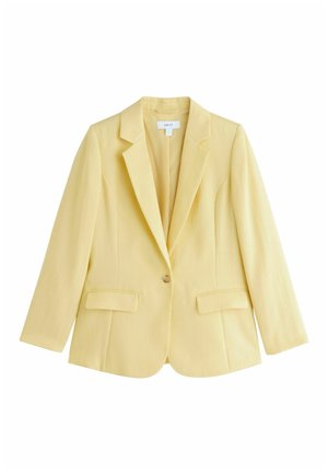 Light yellow women's blazer with notched lapels, single button closure, flap pockets, and long sleeves.