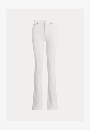 Fehér, bővülő szárú farmer, pamutkeverék anyagból. Magas derekú, elülső zsebekkel és gombos slicc-záródással. Simogató tapintású, mintázat nélkül.