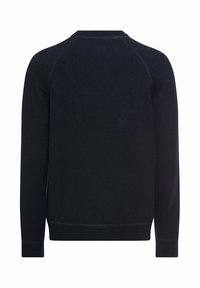 Dark navy sweater with a rounded neckline, long sleeves, and ribbed cuffs. Smooth texture with subtle stitching detail at the hem.