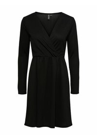 Robe noire avec un décolleté en V, des manches longues et une taille cintrée. Fabriquée en tissu texturé avec une jupe fluide.