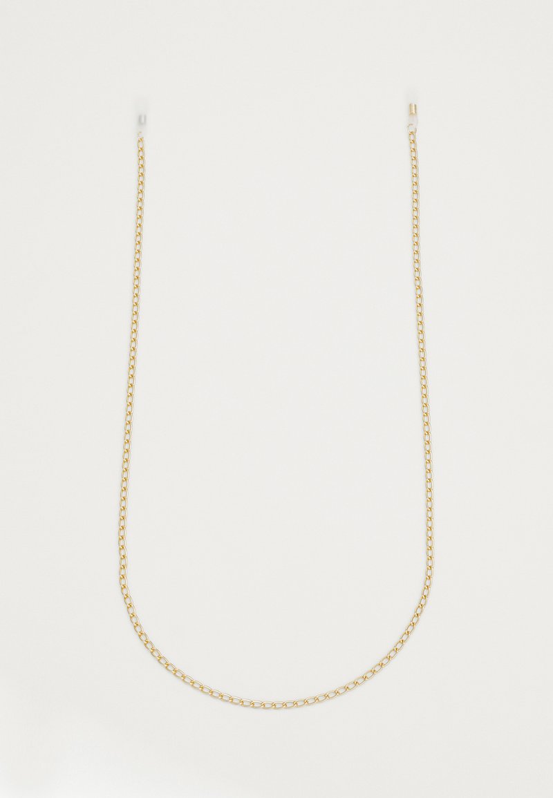 Collar de cadena de metal dorado con una textura suave y eslabones ovalados, que cuenta con dos extremos para su sujeción. Longitud diseñada para un ajuste cómodo.