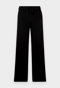 Μαύρο παντελόνι με φαρδύ πόδι από μαλακό ύφασμα, διαθέτει ελαστική μέση με κορδόνι και λεία υφή. Χωρίς ορατά σχέδια ή διακοσμητικά στοιχεία.