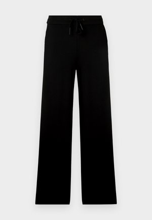 Μαύρο παντελόνι με φαρδύ πόδι από μαλακό ύφασμα, διαθέτει ελαστική μέση με κορδόνι και λεία υφή. Χωρίς ορατά σχέδια ή διακοσμητικά στοιχεία.