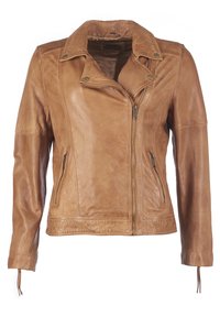 Giacca da moto in pelle marrone con colletto a punta, zip frontale asimmetrica, due tasche con zip e dettagli cuciti sulle maniche.