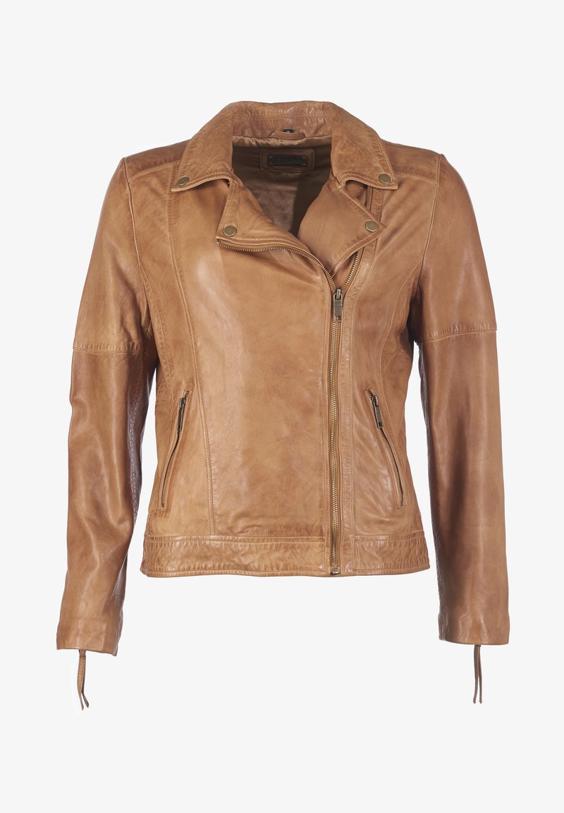 Giacca da moto in pelle marrone con colletto a punta, zip frontale asimmetrica, due tasche con zip e dettagli cuciti sulle maniche.