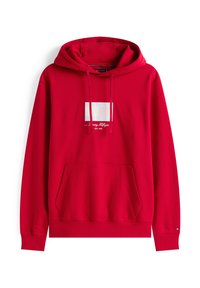 Red hoodie made of cotton blend. Features a kangaroo pocket, drawstring hood, and front graphic with horizontal lines and brand name.