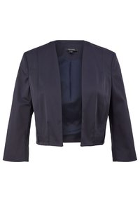 Marinblå kort blazer i slätt tyg, med en enkel öppen front, långa ärmar och utan knäppningar.