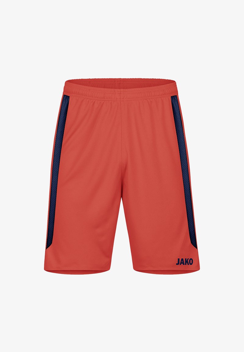 Rote Sportshorts aus leichtem Material, mit Netzstoff-Navy-Seitenpaneelen und einem elastischen Bund. Logo "JAKO" auf der linken unteren Seite.