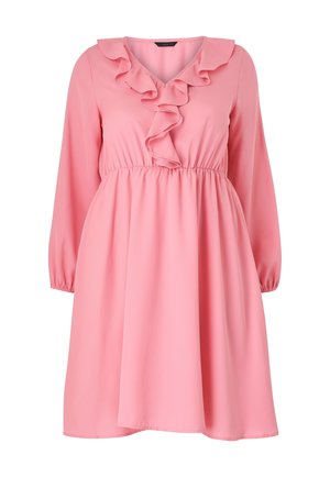 Roze jurk van zachte stof, met een V-hals, geplooide halslijn, lange mouwen en een elastische taille, met een losse, vloeiende rok.