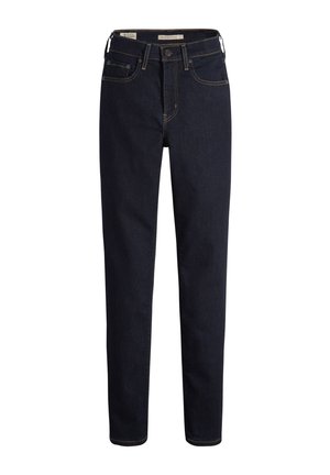 Jeans de mezclilla azul oscuro con corte recto, que cuentan con bolsillos frontales, cremallera y detalles de costura en un amarillo dorado contrastante.