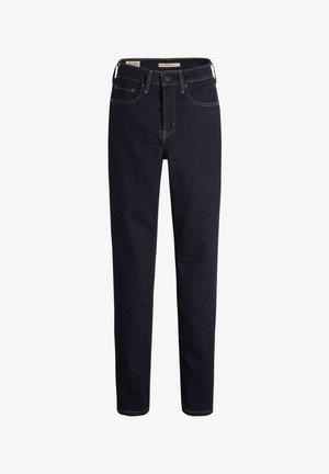 Dunkelblaue Jeans mit geradem Schnitt, ausgestattet mit Fronttaschen, einem Reißverschluss und kontrastierenden golden-gelben Nähdetails.