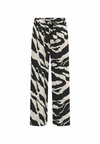 Laiad püksid pehmest ja kergest kangast, musta ja kreemi triibulise zebra mustriga; kinnitatud seotud vöökohtaga.