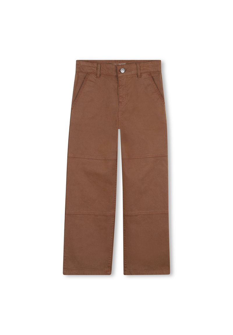 Pantalons larges marron en coton, dotés de poches avant, d'une fermeture à bouton et de détails de couture plates le long des jambes.