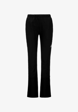 Pantaloni sportivi neri con vita elastica, fondo svasato e tasche laterali. Realizzati in un tessuto leggero e liscio con una leggera lucentezza.