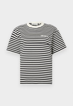 Black and white horizontal striped short-sleeve t-shirt with a white crew neck and small logo on the chest.