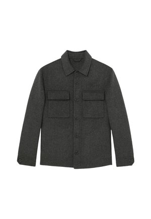 Mørkegrå uldjakke med krave, knaplukning og to brystlommer foran. Glat tekstur og skræddersyet pasform.