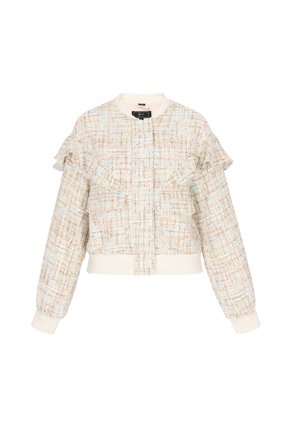 Jachetă croită din tweed pastel, cu mâneci lungi, detaliu plisat pe piept și pe partea superioară a brațelor, și guler, manșete și tiv din material căptușit crem.