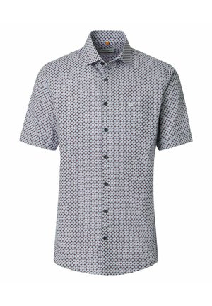 Kortærmet skjorte med knapper, lille geometrisk mønster i rødt og blåt på hvid baggrund, klassisk krave og brystlomme på venstre side.