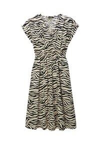 Robe en tissu léger, avec un imprimé zèbre noir et blanc. Décolleté en V, manches courtes et taille élastique pour une coupe décontractée.