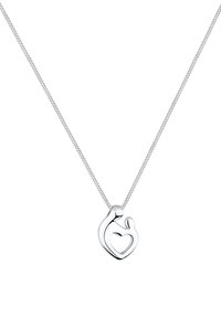 Silver necklace featuring a heart-shaped pendant with an inner smaller heart. Chain has a woven texture and is of medium length.