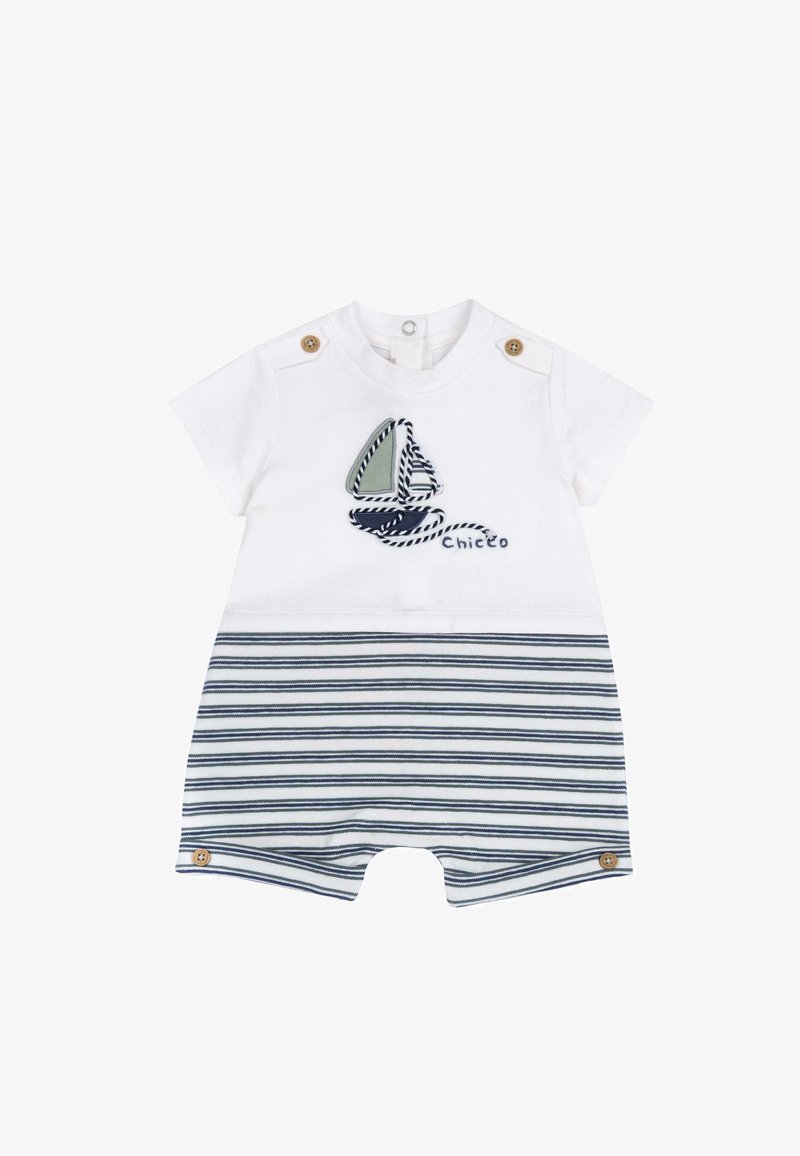 Combinaison courte à manches courtes rayée blanc et bleu marine avec un motif de voilier, ornée de boutons en bois sur les épaules et aux ouvertures des jambes.