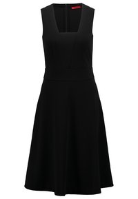 Schwarzes ärmelloses Kleid mit tiefem V-Ausschnitt und tailliertem Schnitt. Ausgestellter Rock, glatter Stoff und Reißverschluss auf der Rückseite.