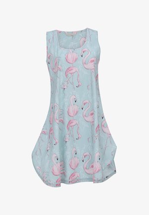 Ärmelloses hellblaues Kleid mit weitem Schnitt, versehen mit wiederholten rosa Flamingo-Illustrationen in verschiedenen Posen.