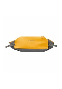 Marsupio giallo e grigio con superficie testurizzata, dotato di due cerniere, cinturini regolabili e un design rettangolare elegante per il contenimento.