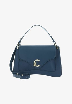 Sac à main en cuir bleu marine avec poignée supérieure, bandoulière réglable, fermeture à rabat et détail de fermoir incurvé doré.