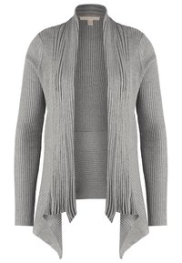 Cardigan grigio a coste con apertura frontale e maniche lunghe, caratterizzato da un motivo texturizzato e un orlo asimmetrico fluente.