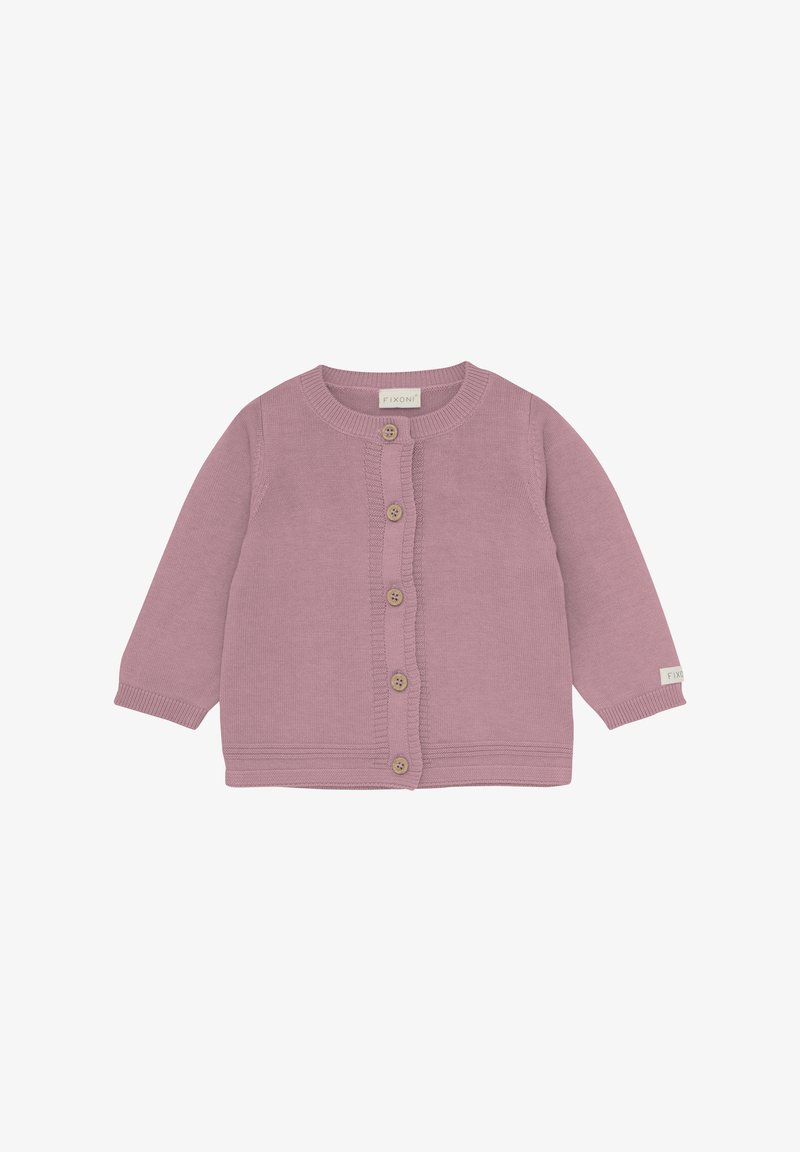 Hellrosa gestrickte Strickjacke mit langen Ärmeln, fünf Holzknöpfen vorne und einem runden Ausschnitt. Strukturiertes Material mit gerippten Akzenten.