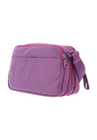 Sac en tissu violet avec une surface texturée, deux compartiments zippés et une bandoulière réglable. Poche avant pour un rangement supplémentaire.