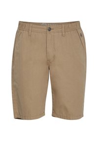 Beige bomullsshorts med elastisk liv, knepping og sidelommer. Glatt tekstur og uformelt design.