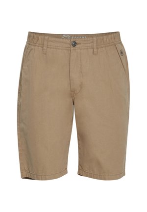 Beige katoenen shorts met een elastische tailleband, knoopsluiting en zijzakken. Gladde textuur en casual ontwerp.