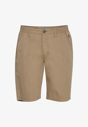 Șorturi din bumbac bej, cu talie elastică, închidere cu nasture și buzunare laterale. Textură netedă și design casual.