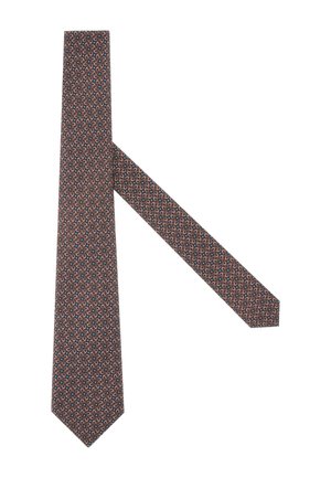 Cravate marron avec un motif répétitif de formes tourbillonnantes en bleu clair, orange et crème. Tissu lisse et design à pointe.