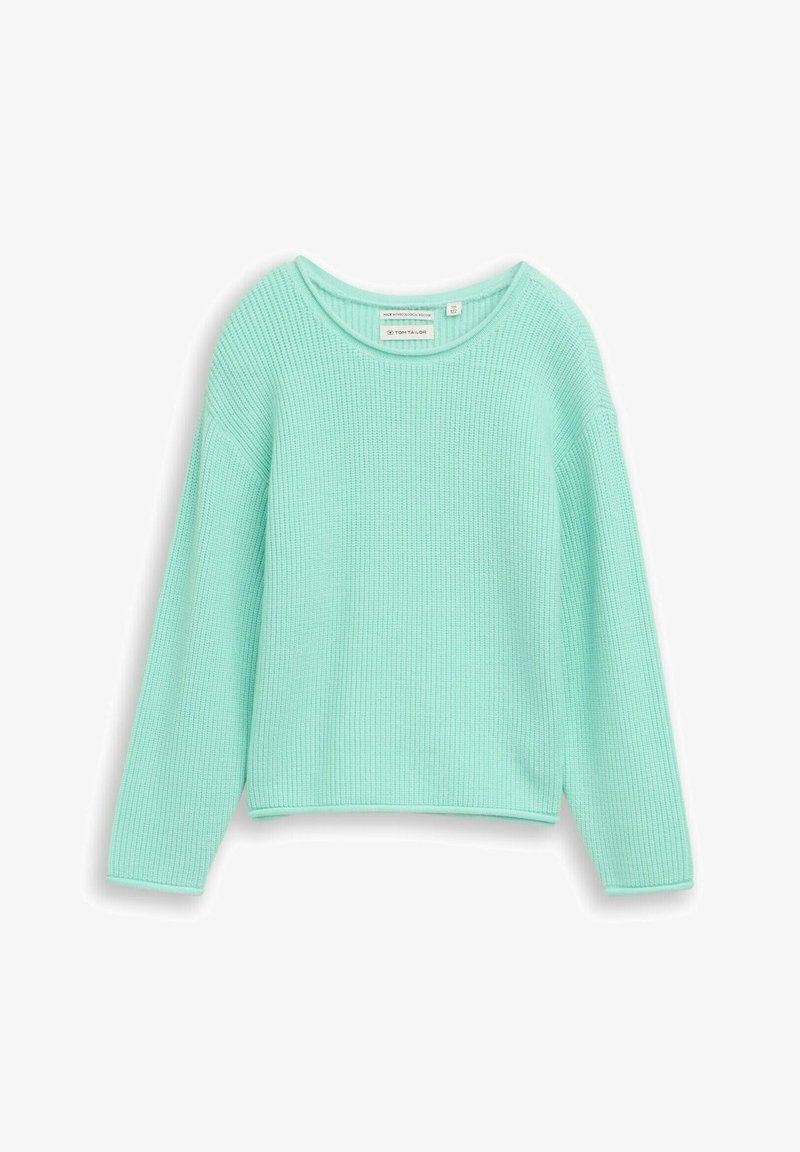 Minzgrüner, gerippter Strickpullover mit langen, weiten Ärmeln und rundem Ausschnitt. Glatte Textur, kürzere Länge und unauffälliges Markenetikett innen.