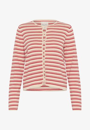 Červeno-bílý pruhovaný kardigan s dlouhými rukávy, kulatým výstřihem a zapínáním na knoflíky. Měkká tkanina s volným střihem.