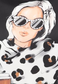Ilustración de una mujer que lleva gafas de sol en blanco y negro con adornos, una bufanda de estampado de leopardo, con cabello de color claro y un tono suave en los labios.
