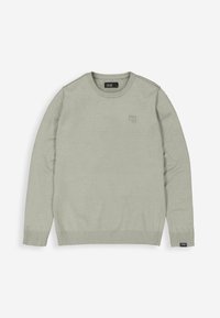 Hellgrüner, gestrickter Pullover mit langen Ärmeln, rundem Halsausschnitt, gerippten Bündchen und Saum. Mit einem kleinen Logodetail auf der Brust.