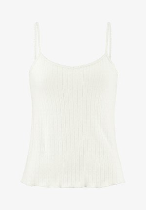 Weißes geripptes Trägershirt mit dünnen Trägern und gewelltem Saum. Hat eine lockere Passform und eine subtile Textur im gesamten Stoff.