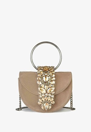 Beige suede handbag with a circular metal handle and a jeweled embellishment featuring various transparent and amber-colored stones.