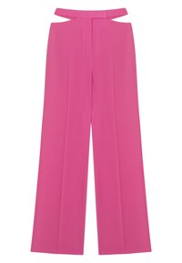 Pantalon rose taille haute à jambes larges avec une fine ceinture et des plis à l'avant, posé à plat sur un fond blanc.